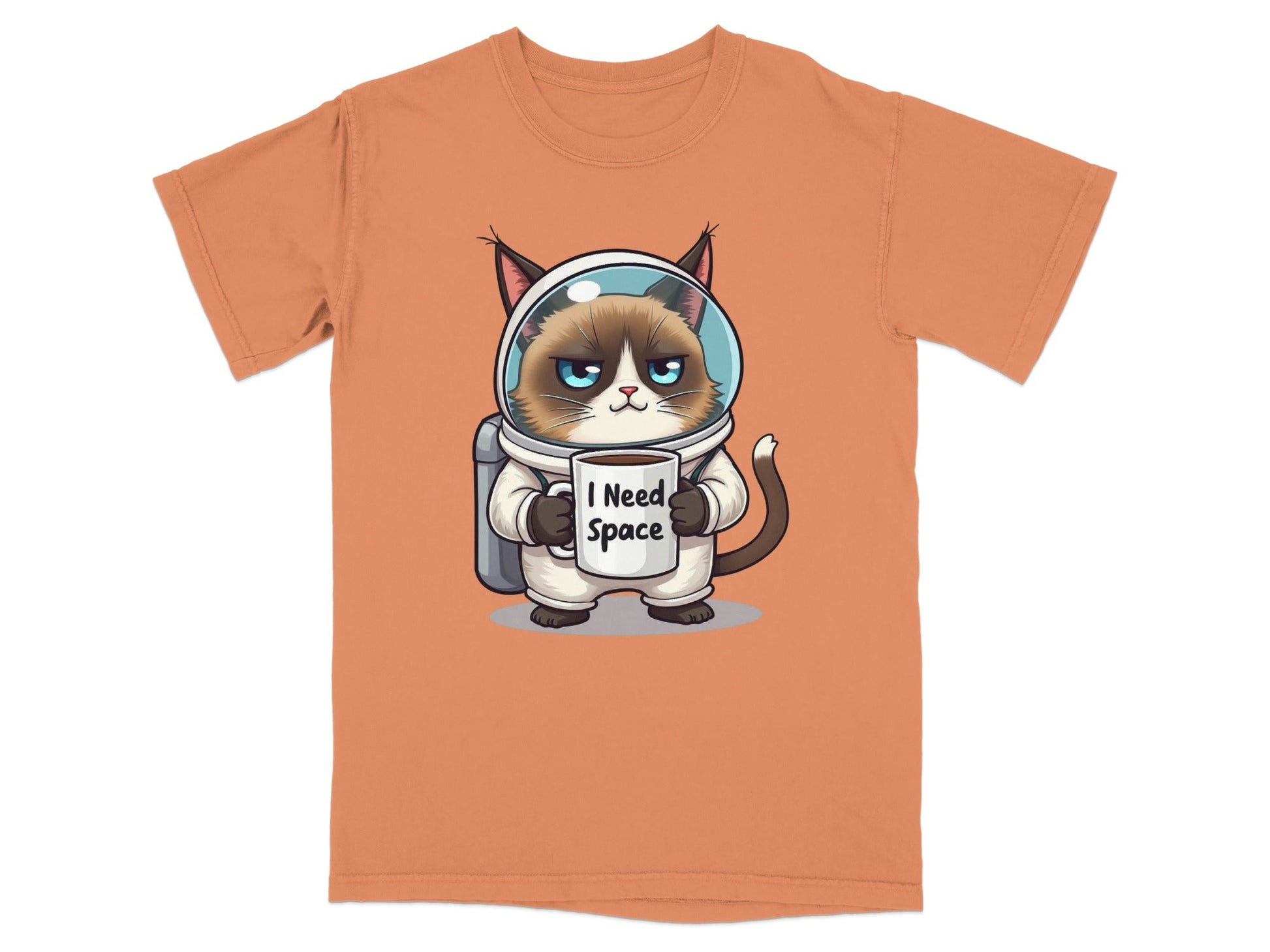 Hilarious astronaut cat t-shirt with grumpy cat in spacesuit holding mug saying 'I Need Space'.
