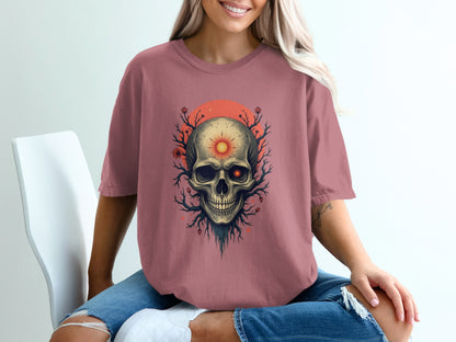 Unique Skull Graphic Tee with Sunset and Tree Roots product type