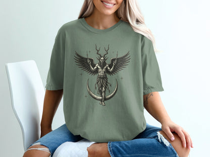 Baphomet Figure Wings and Crescent Moon Print Style T-Shirt - IconVexa