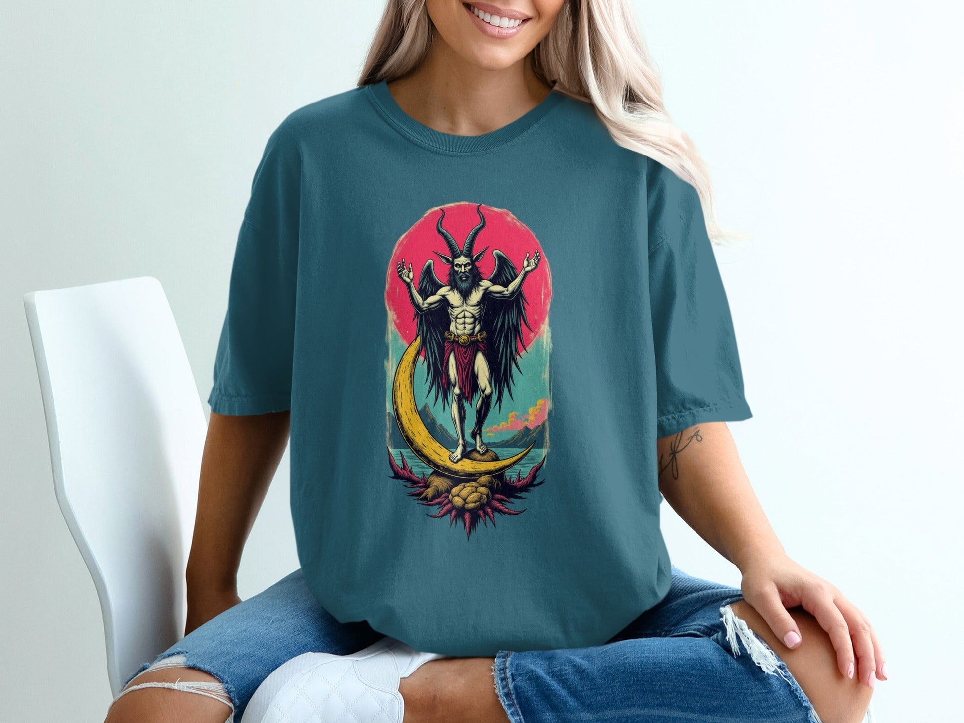 Baphomet Moon Rise Occult Symbolism Graphic Print T-Shirt - IconVexa
