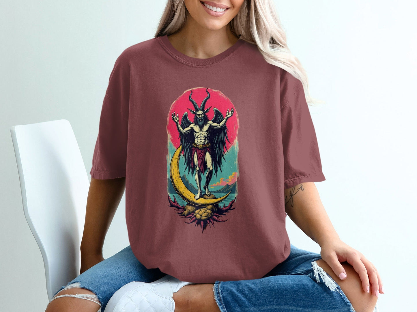 Baphomet Moon Rise Occult Symbolism Graphic Print T-Shirt - IconVexa