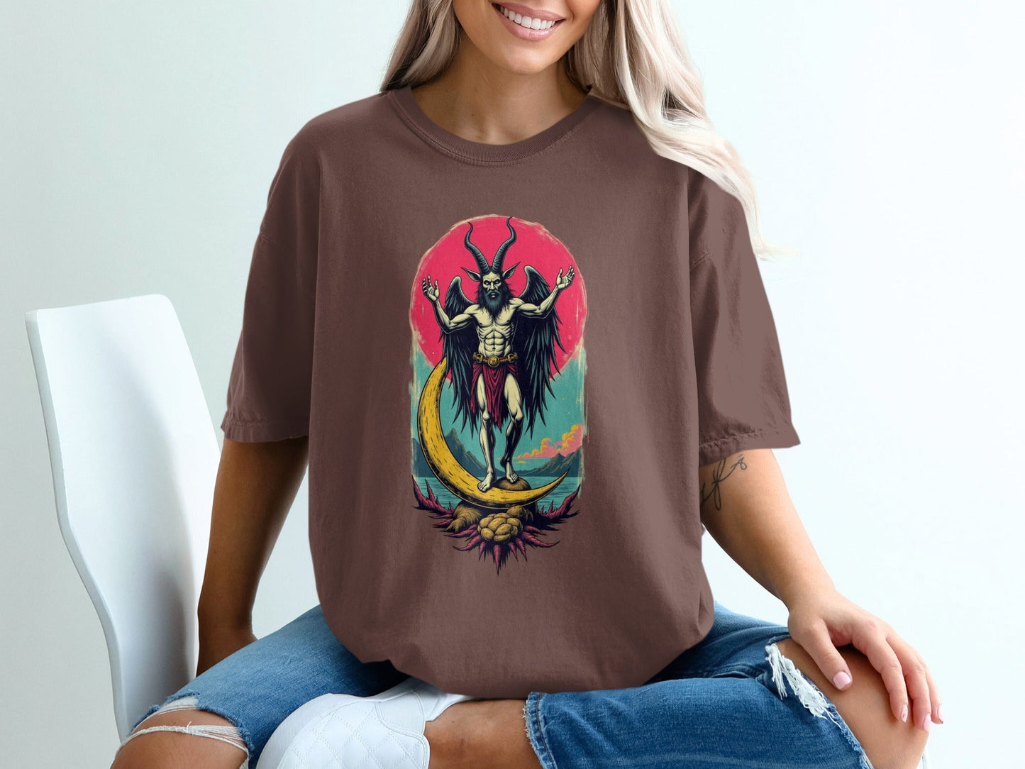 Baphomet Moon Rise Occult Symbolism Graphic Print T-Shirt - IconVexa