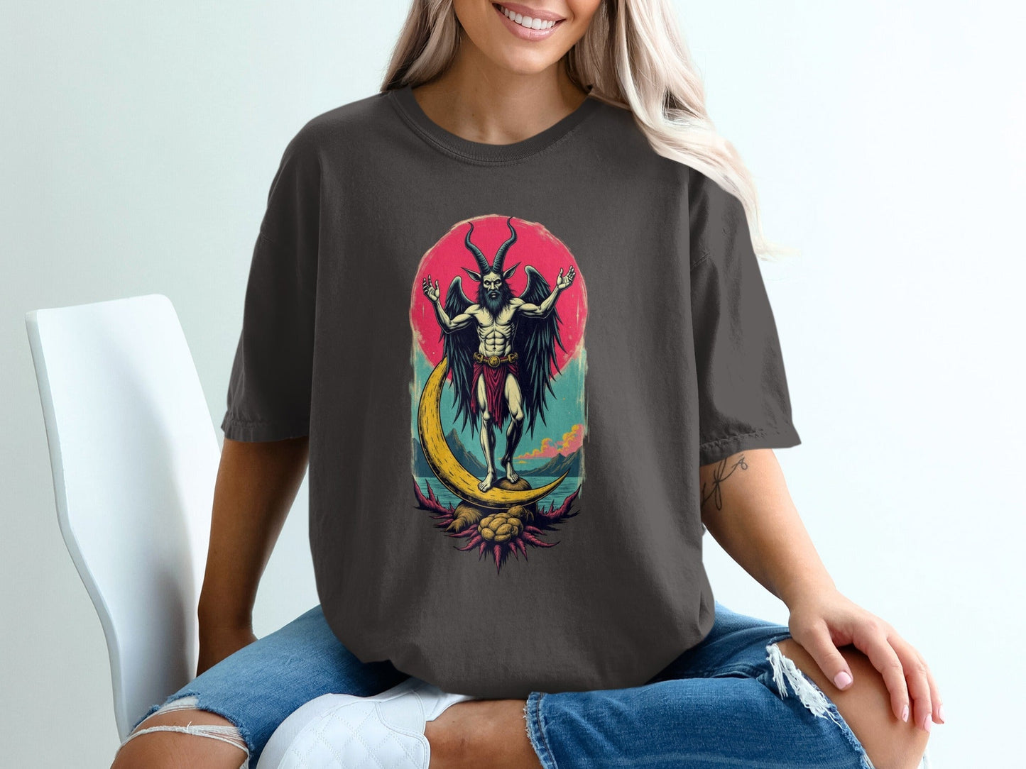 Baphomet Moon Rise Occult Symbolism Graphic Print T-Shirt - IconVexa