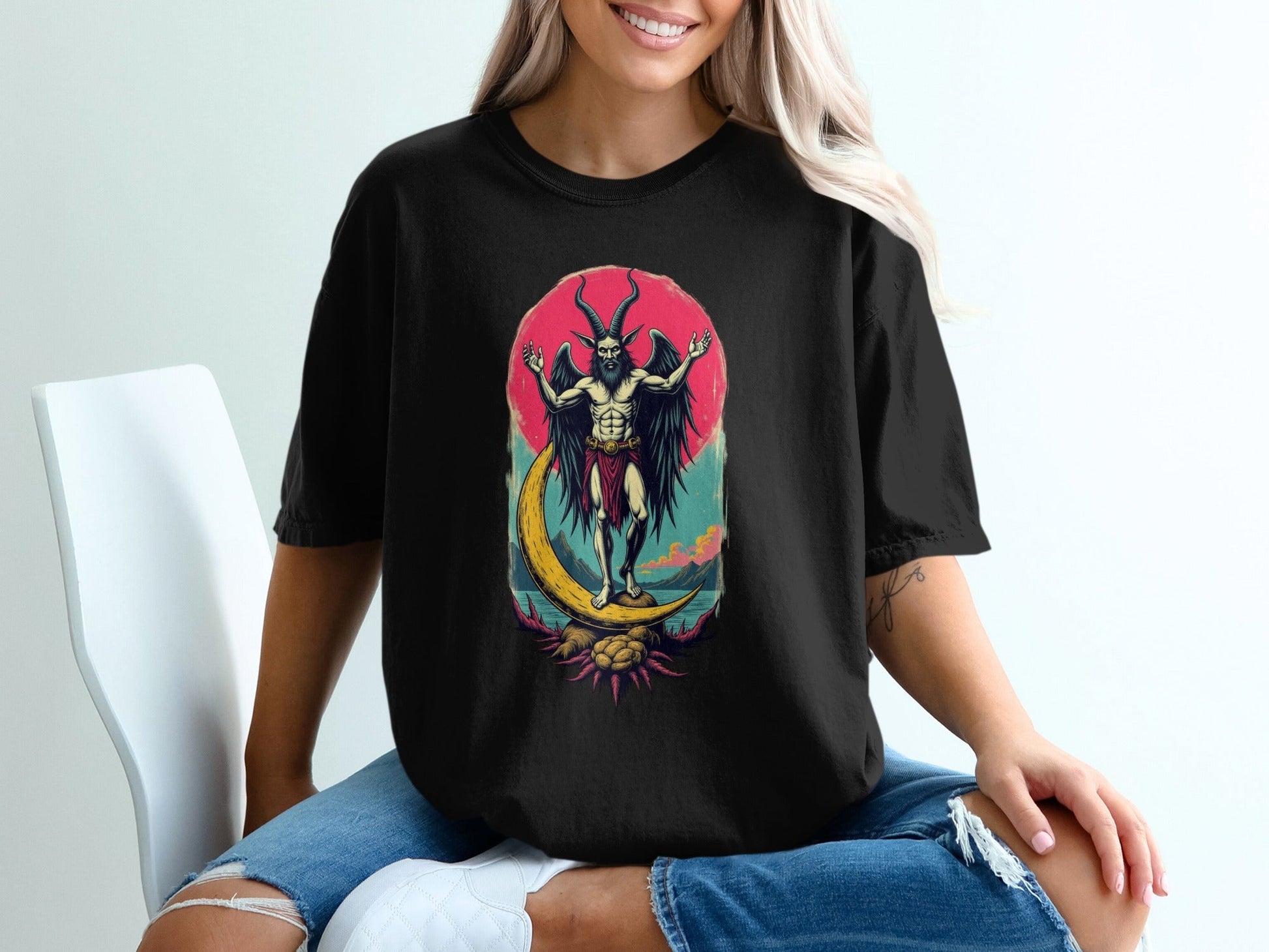 Baphomet Moon Rise Occult Symbolism Graphic Print T-Shirt - IconVexa