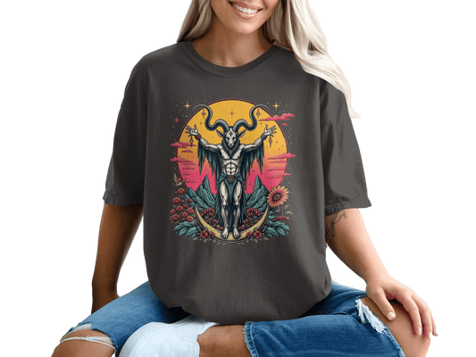 Baphomet with Flowers On a Crescent Moon Design T-Shirt - IconVexa