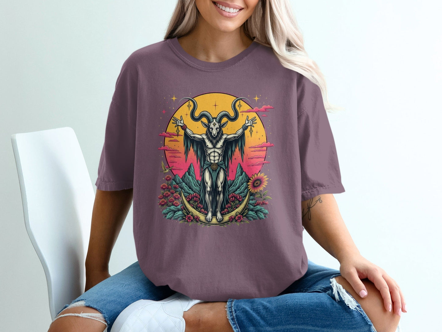 Baphomet with Flowers On a Crescent Moon Design T-Shirt - IconVexa