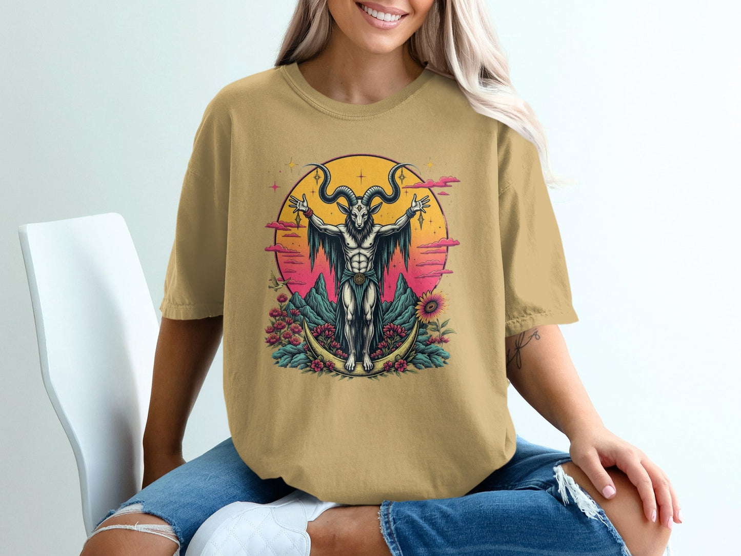 Baphomet with Flowers On a Crescent Moon Design T-Shirt - IconVexa