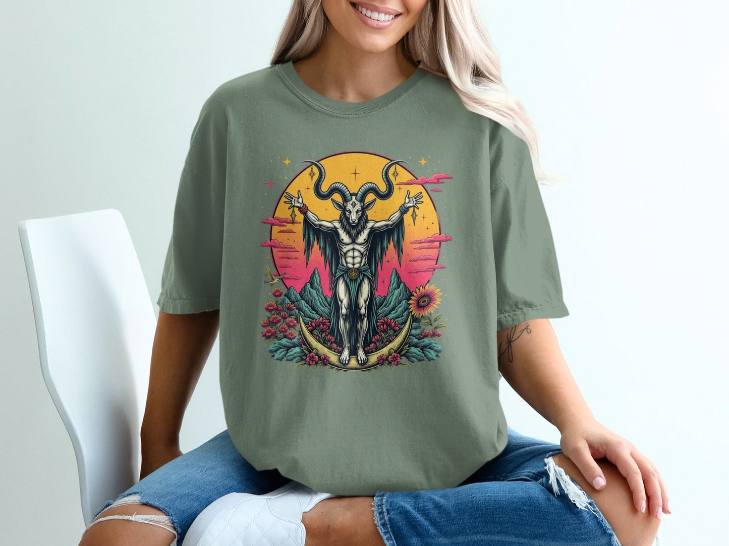 Baphomet with Flowers On a Crescent Moon Design T-Shirt - IconVexa