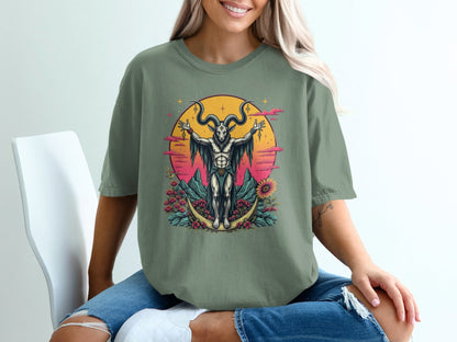 Baphomet with Flowers On a Crescent Moon Design T-Shirt - IconVexa