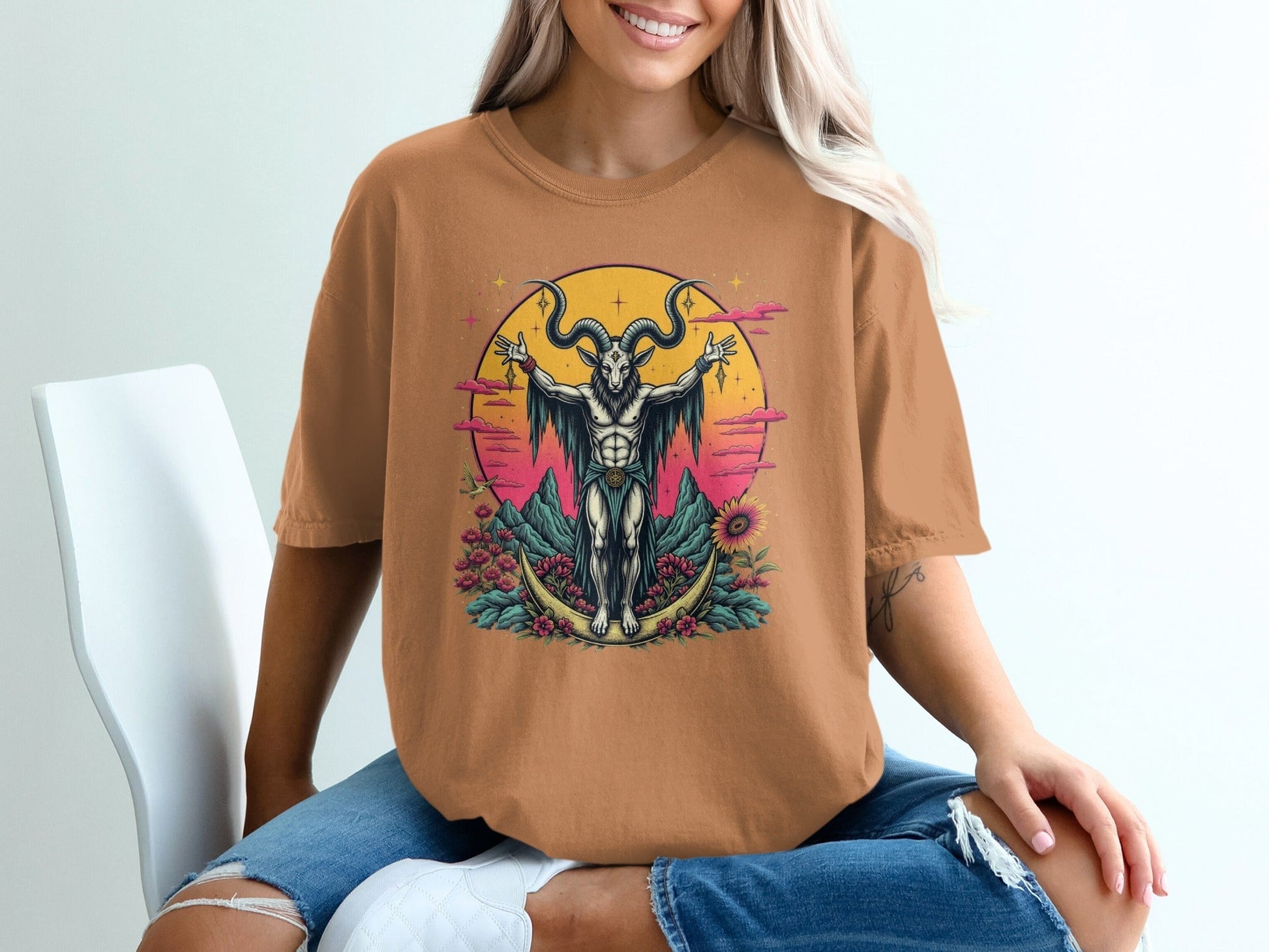 Baphomet with Flowers On a Crescent Moon Design T-Shirt - IconVexa