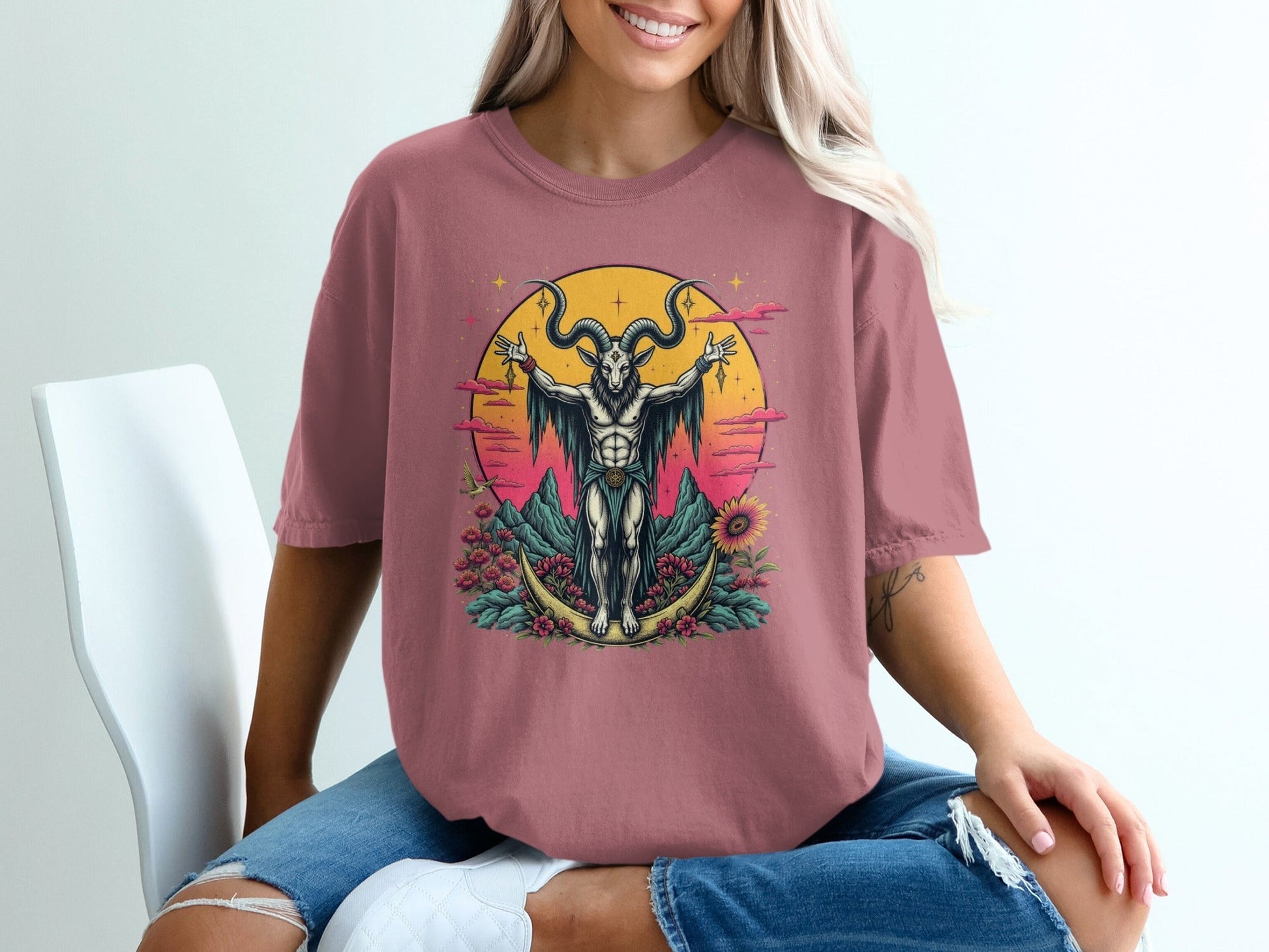 Baphomet with Flowers On a Crescent Moon Design T-Shirt - IconVexa