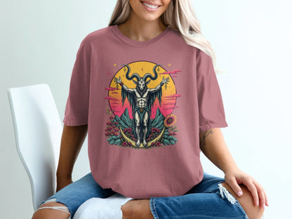 Baphomet with Flowers On a Crescent Moon Design T-Shirt - IconVexa