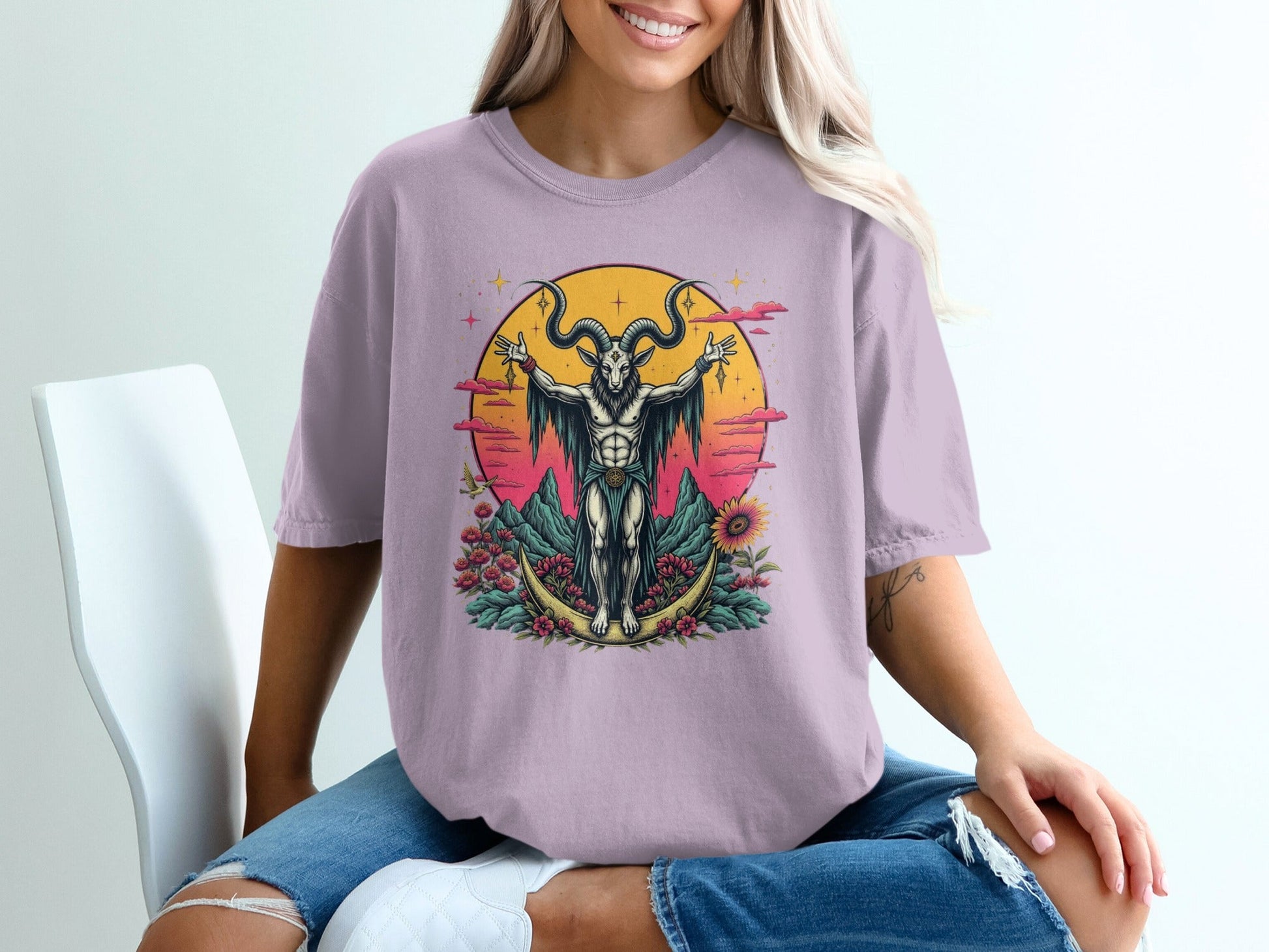 Baphomet with Flowers On a Crescent Moon Design T-Shirt - IconVexa