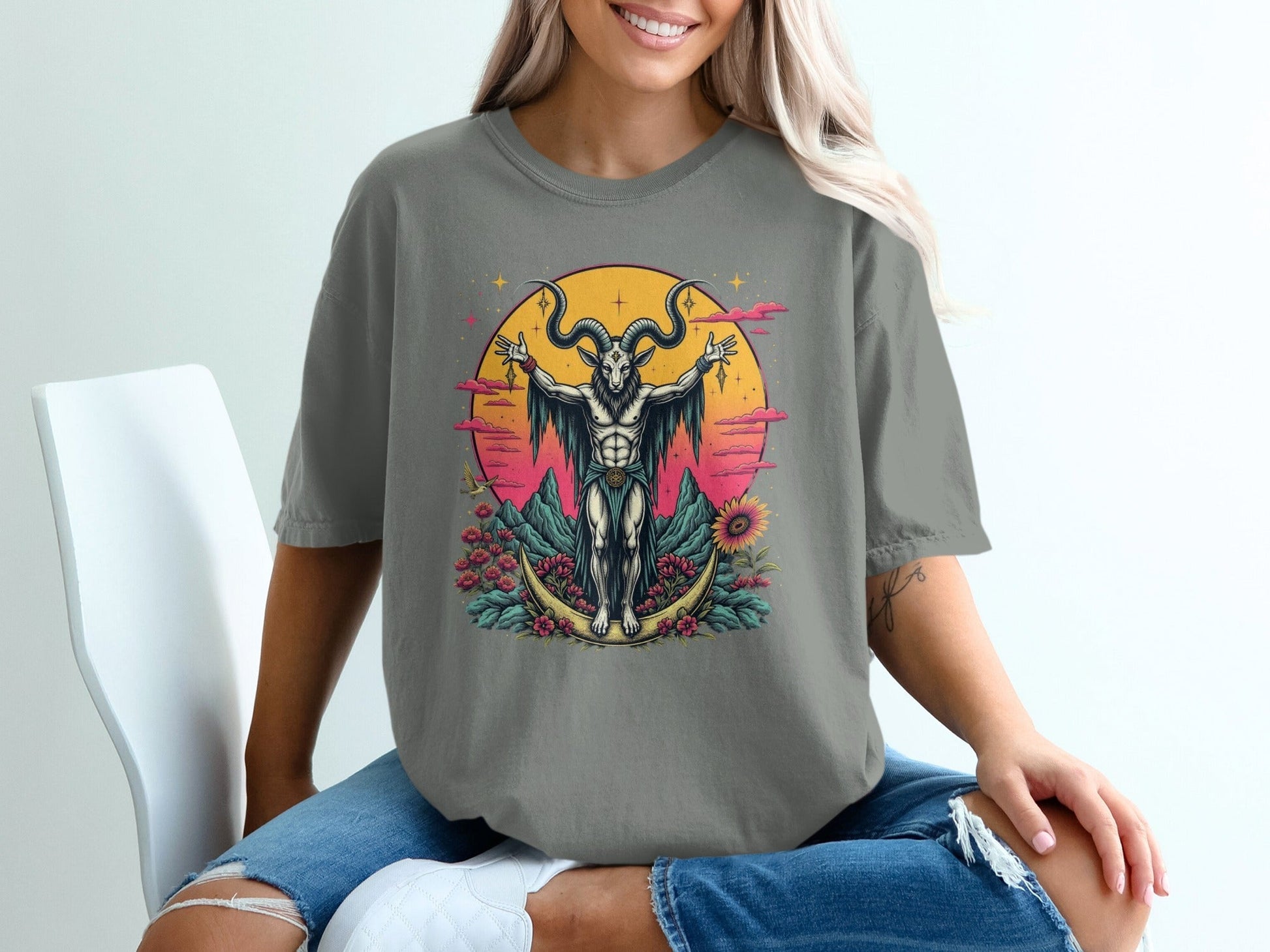 Baphomet with Flowers On a Crescent Moon Design T-Shirt - IconVexa