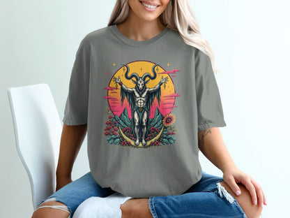 Baphomet with Flowers On a Crescent Moon Design T-Shirt - IconVexa