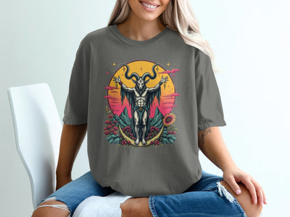 Baphomet with Flowers On a Crescent Moon Design T-Shirt - IconVexa
