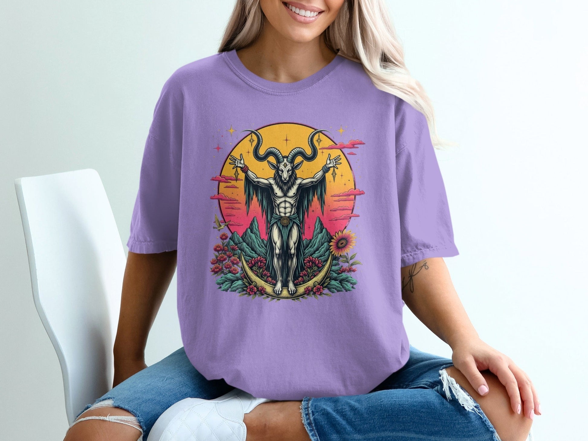 Baphomet with Flowers On a Crescent Moon Design T-Shirt - IconVexa