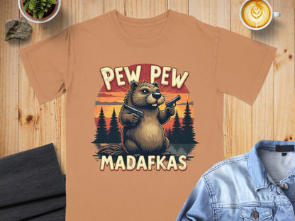 Beaver T-Shirt, Pew Pew Madafkas Tee, Funny Animal Shirt, Meme Gift Shirt, Novelty T Shirt, Gun Shirt, Humor T-Shirt - IconVexa