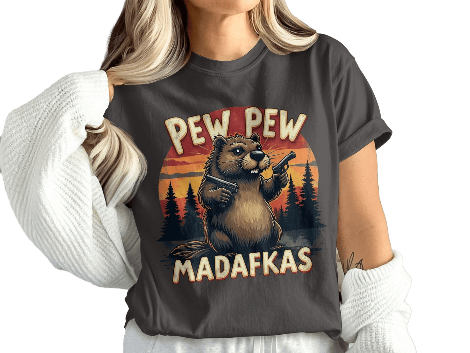 Beaver T-Shirt, Pew Pew Madafkas Tee, Funny Animal Shirt, Meme Gift Shirt, Novelty T Shirt, Gun Shirt, Humor T-Shirt - IconVexa