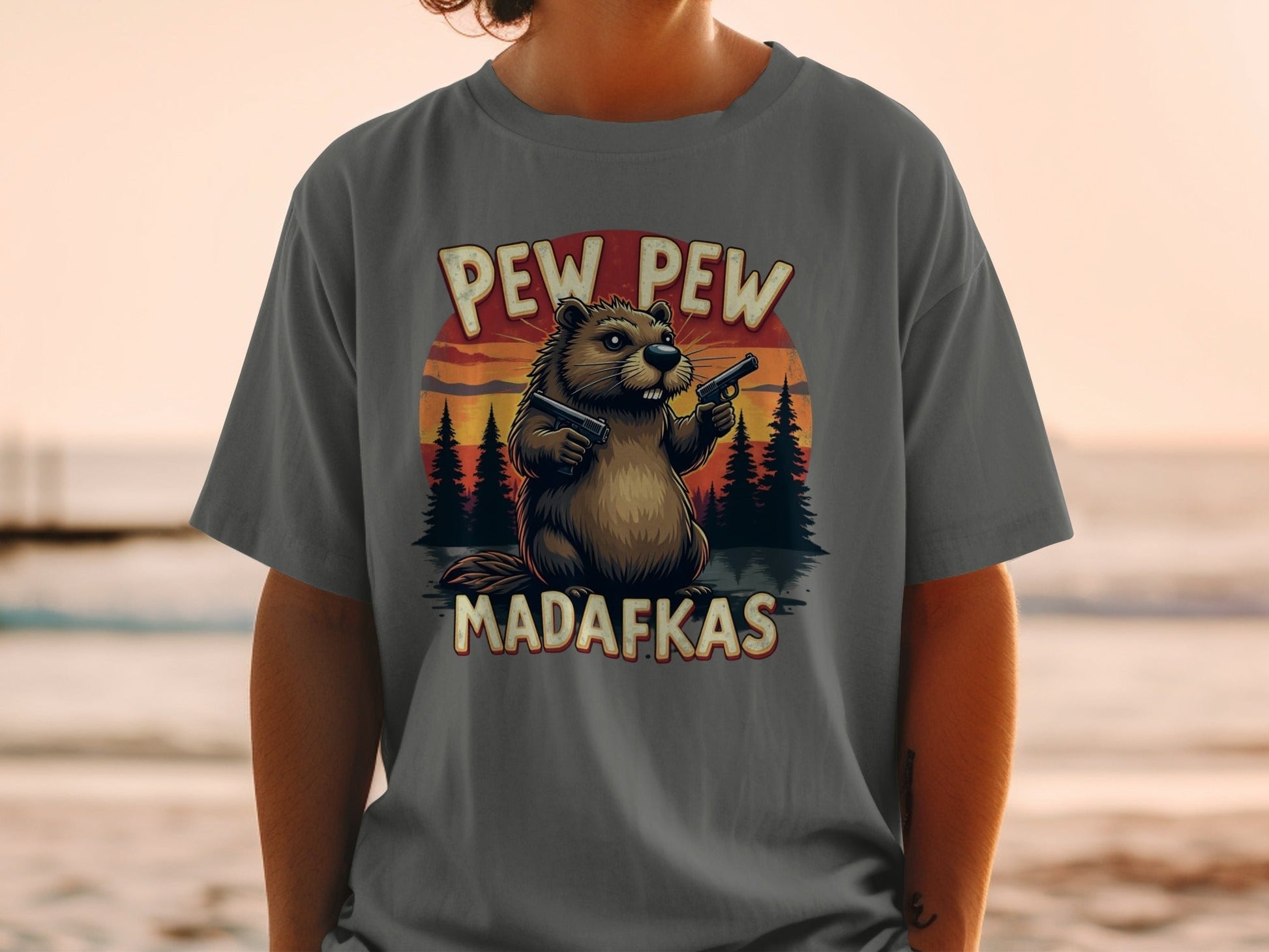 Beaver T-Shirt, Pew Pew Madafkas Tee, Funny Animal Shirt, Meme Gift Shirt, Novelty T Shirt, Gun Shirt, Humor T-Shirt - IconVexa