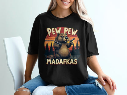 Beaver T-Shirt, Pew Pew Madafkas Tee, Funny Animal Shirt, Meme Gift Shirt, Novelty T Shirt, Gun Shirt, Humor T-Shirt - IconVexa
