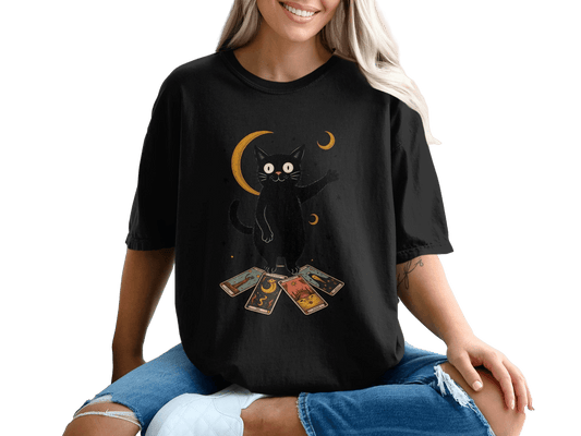 Black Cat Tarot Reading Moon Cycle Art Graphic T-Shirt - IconVexa