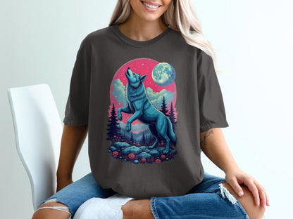 Blue Wolf Howling Under Moon Nature Forest Scene T-Shirt - IconVexa