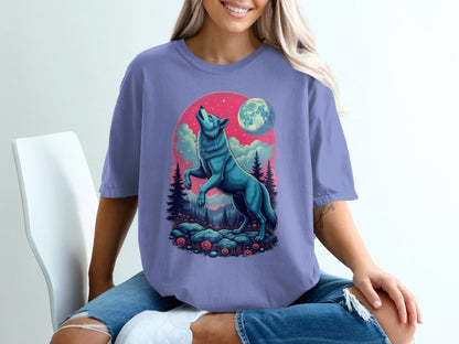 Blue Wolf Howling Under Moon Nature Forest Scene T-Shirt - IconVexa