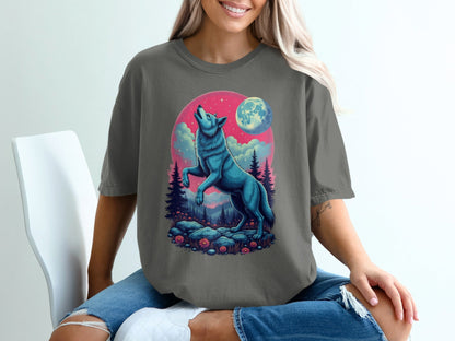 Blue Wolf Howling Under Moon Nature Forest Scene T-Shirt - IconVexa