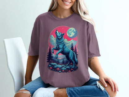 Blue Wolf Howling Under Moon Nature Forest Scene T-Shirt - IconVexa