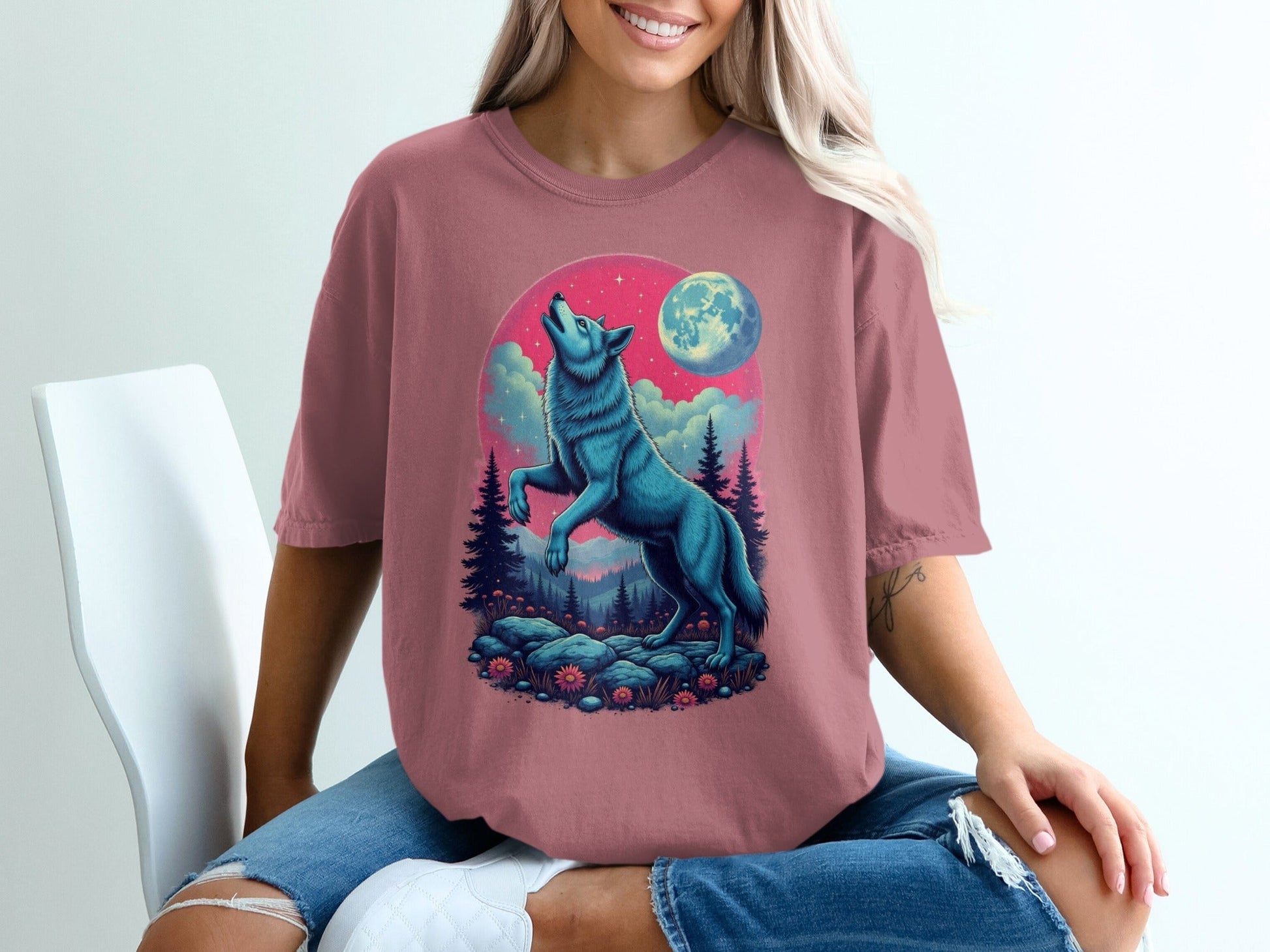 Blue Wolf Howling Under Moon Nature Forest Scene T-Shirt - IconVexa
