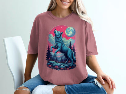 Blue Wolf Howling Under Moon Nature Forest Scene T-Shirt - IconVexa