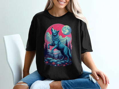 Blue Wolf Howling Under Moon Nature Forest Scene T-Shirt - IconVexa