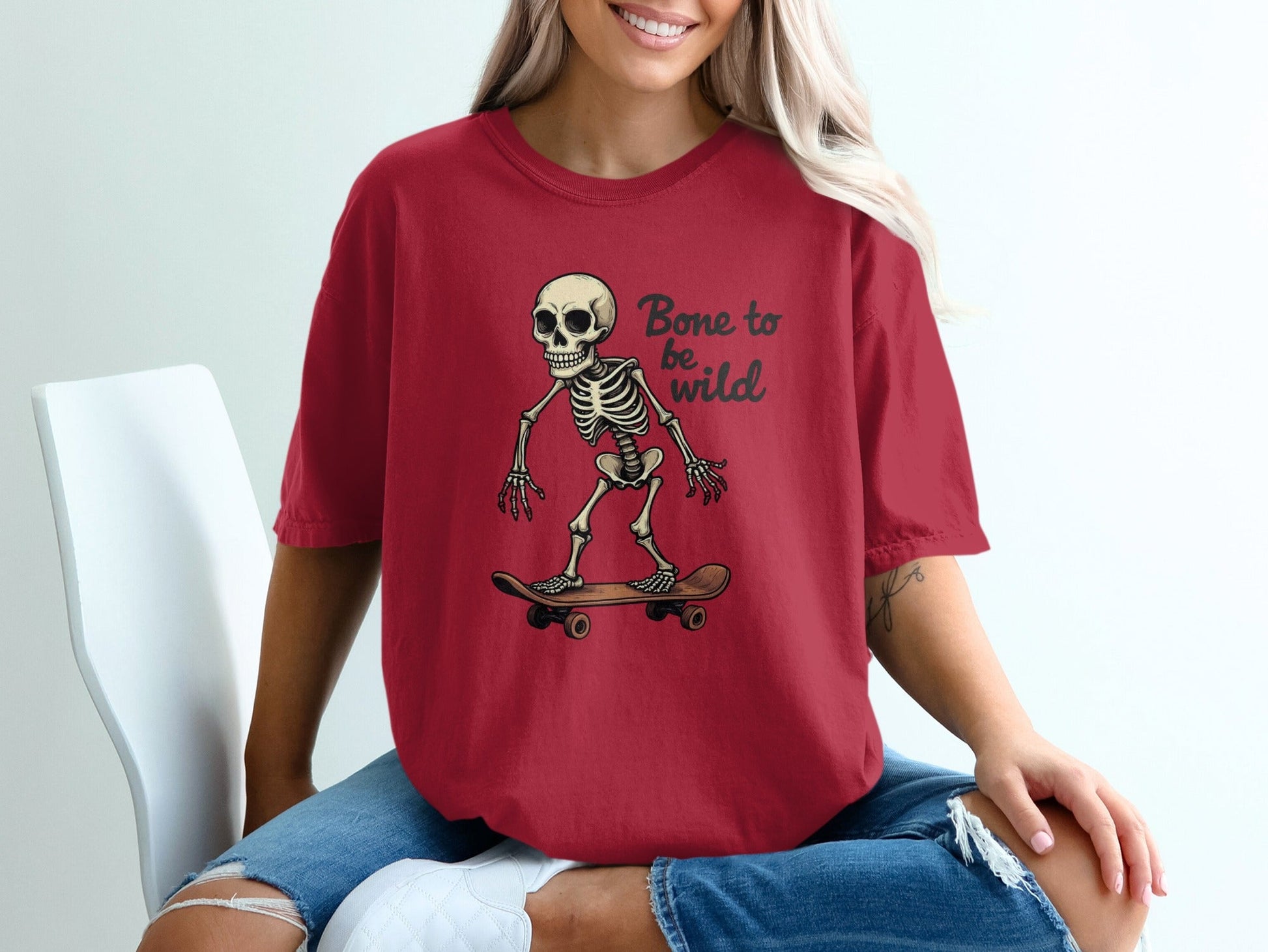Bone to be Wild Skeleton On Skateboard Graphic T-Shirt - IconVexa