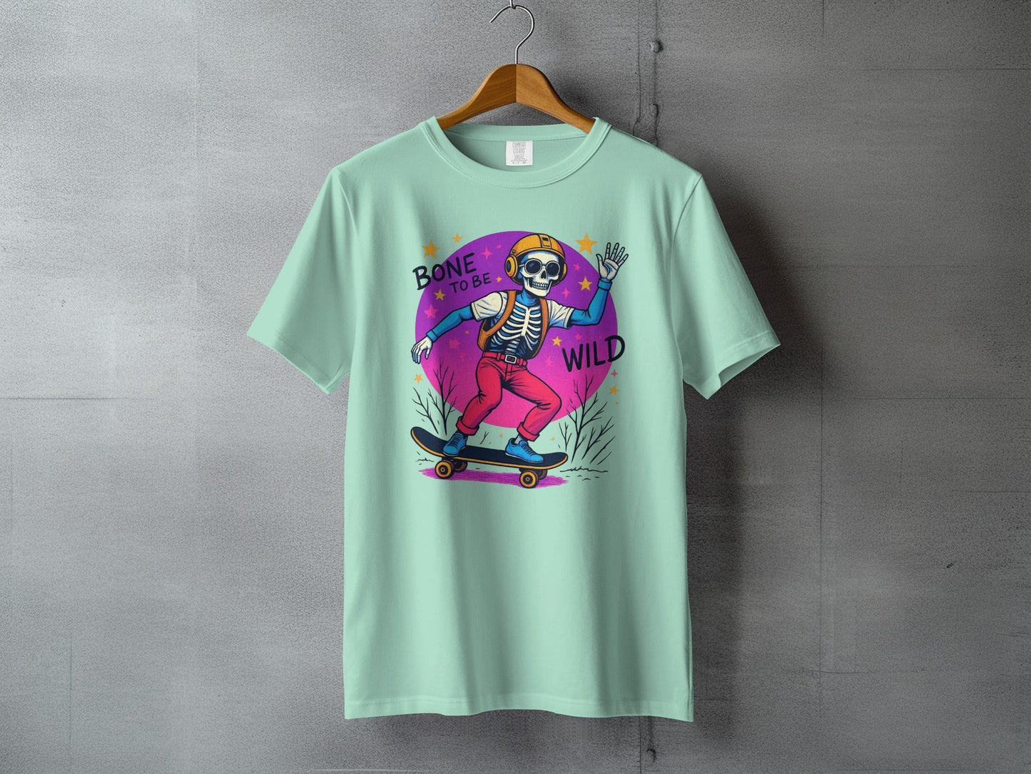 Bone To Be Wild Skeleton Skateboarder Graphic Print T-Shirt - IconVexa