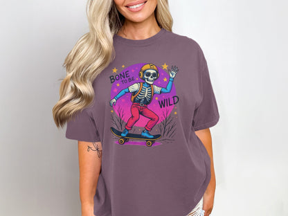 Bone To Be Wild Skeleton Skateboarder Graphic Print T-Shirt - IconVexa