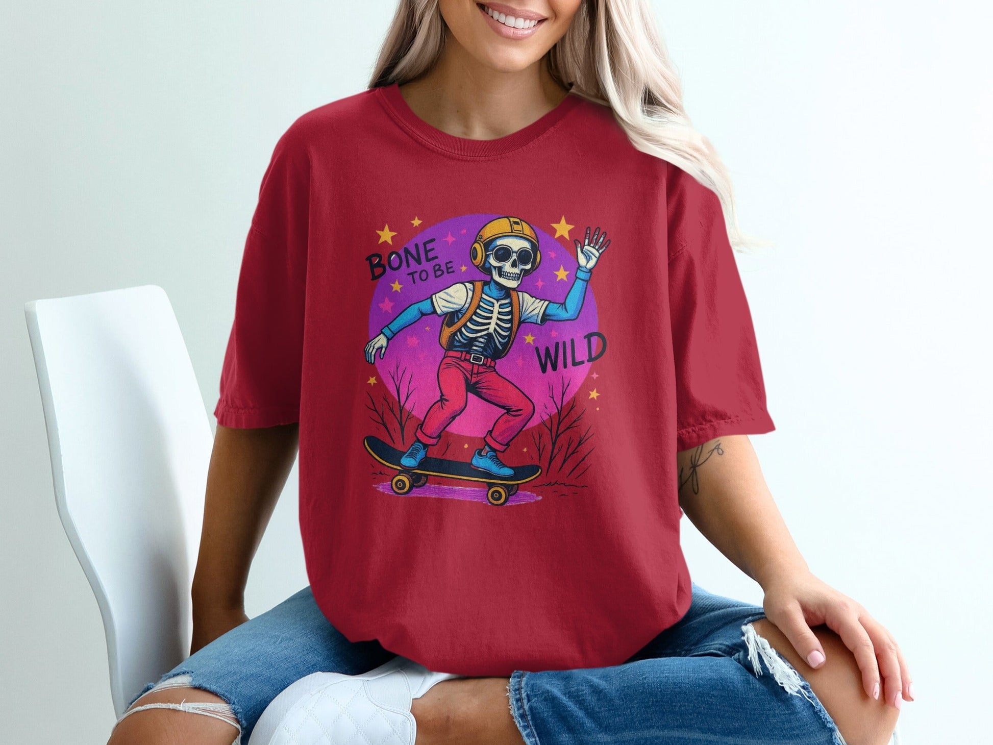 Bone To Be Wild Skeleton Skateboarder Graphic Print T-Shirt - IconVexa