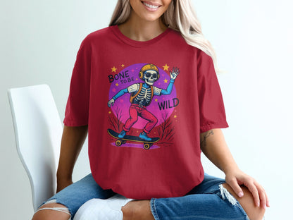 Bone To Be Wild Skeleton Skateboarder Graphic Print T-Shirt - IconVexa