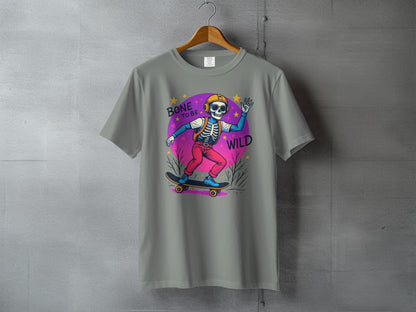 Bone To Be Wild Skeleton Skateboarder Graphic Print T-Shirt - IconVexa