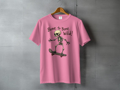 Bone to Bone Wild Skeleton Skateboard Design T-Shirt - IconVexa