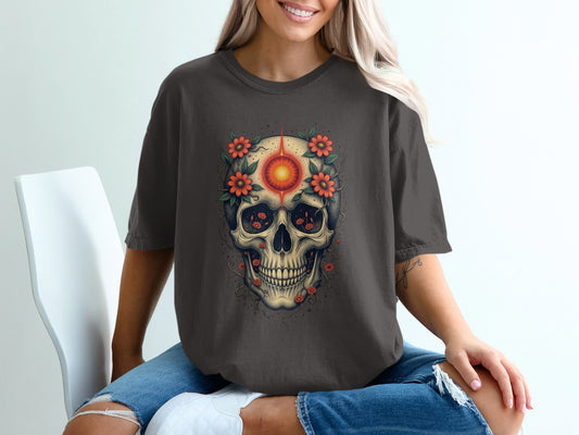 Radiant Skull Design Tee with Floral Accents product type