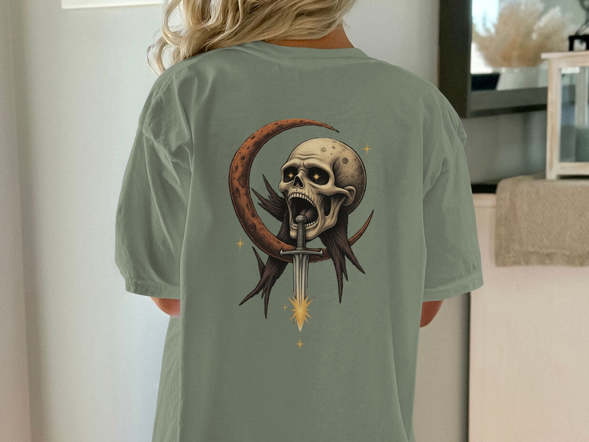 Skull with Moon and Dagger Printed T-Shirt product