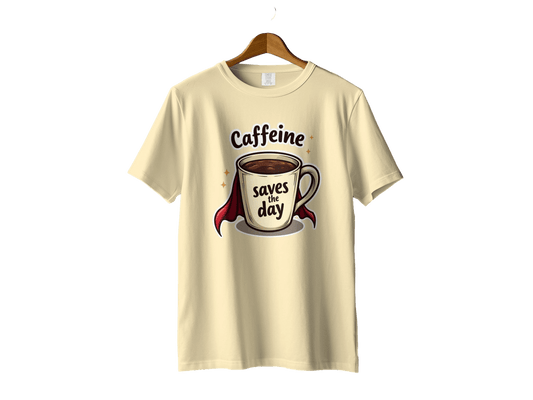Caffeine Saves the Day Coffee Lover Graphic Super Hero T-Shirt - IconVexa