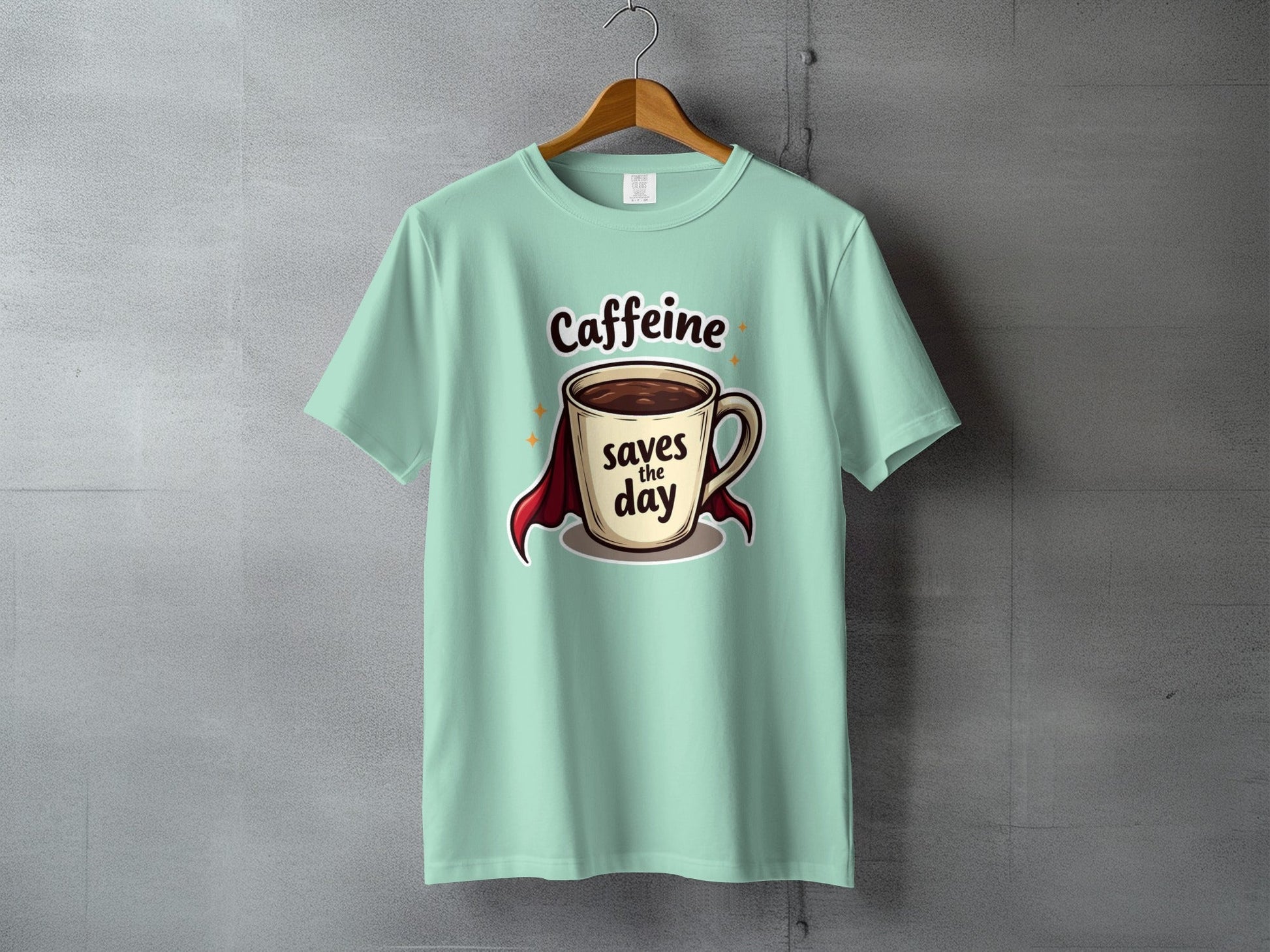 Caffeine Saves the Day Coffee Lover Graphic Super Hero T-Shirt - IconVexa