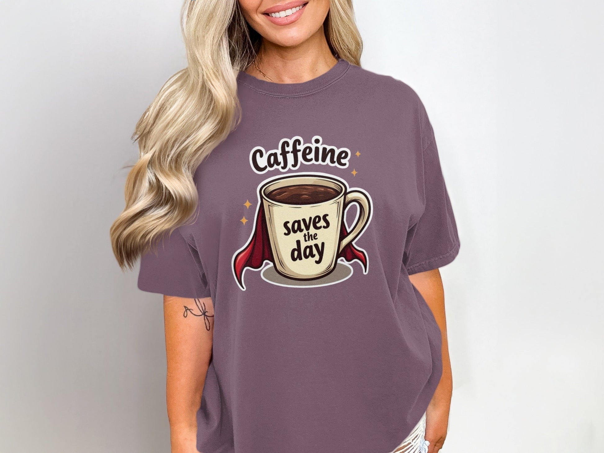 Caffeine Saves the Day Coffee Lover Graphic Super Hero T-Shirt - IconVexa