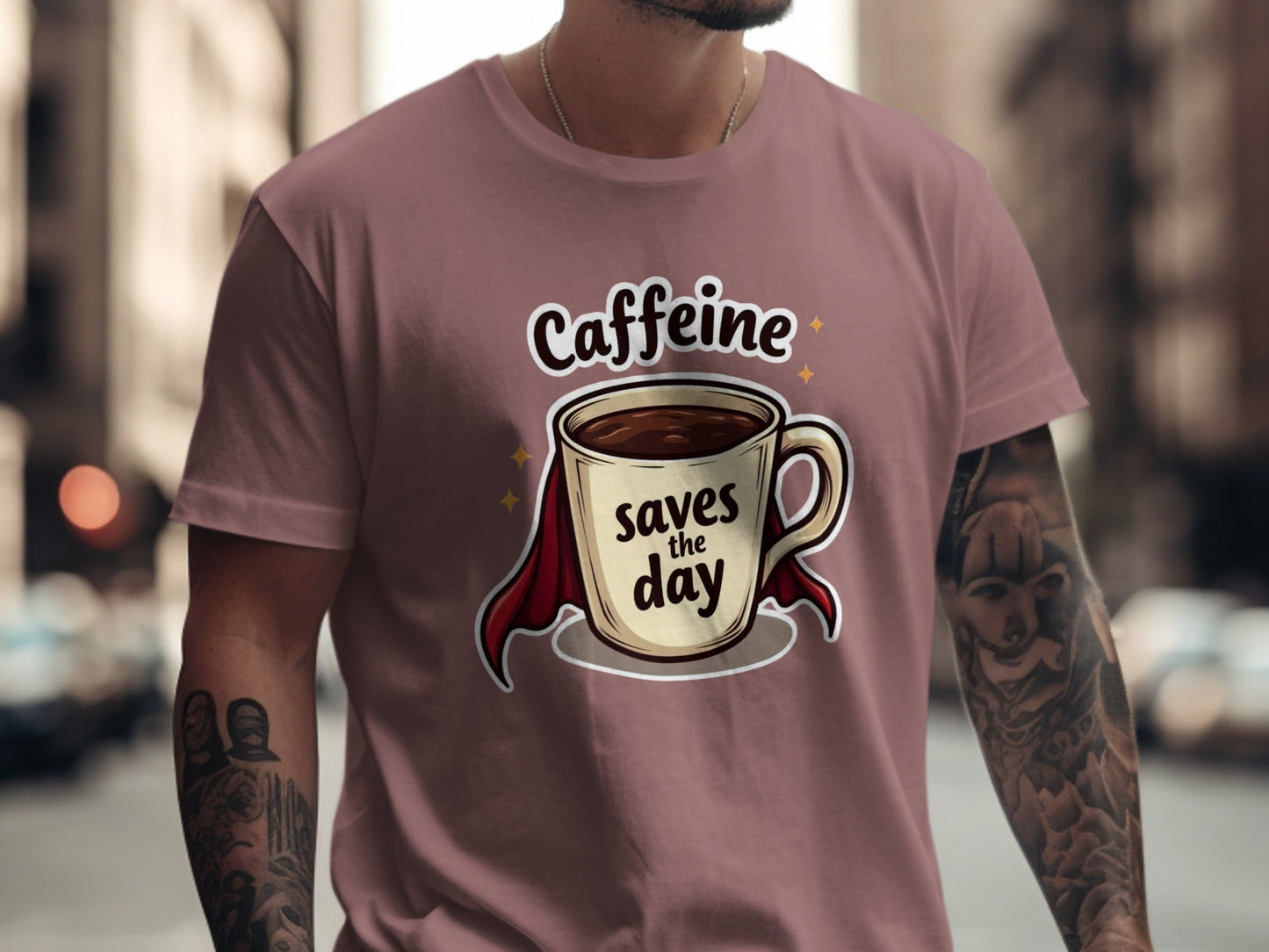 Caffeine Saves the Day Coffee Lover Graphic Super Hero T-Shirt - IconVexa