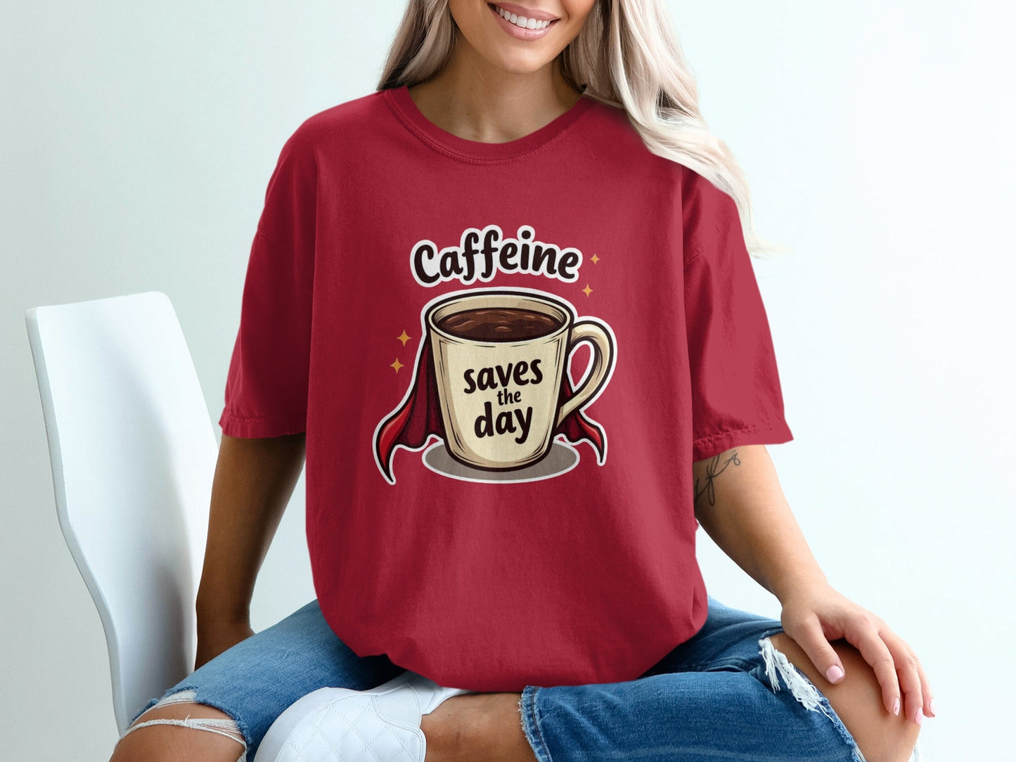 Caffeine Saves the Day Coffee Lover Graphic Super Hero T-Shirt - IconVexa