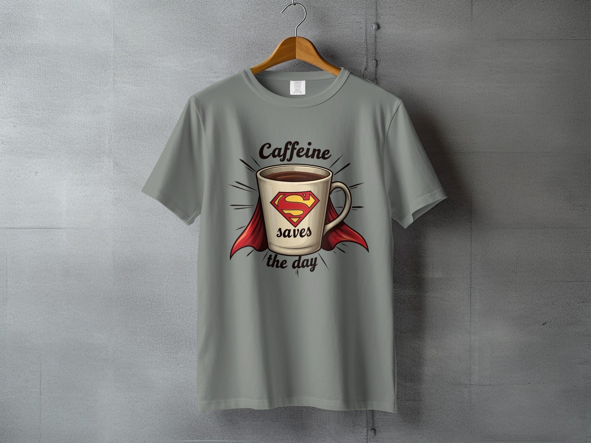 Caffeine Saves The Day Funny Coffee Lover Graphic T-Shirt - IconVexa