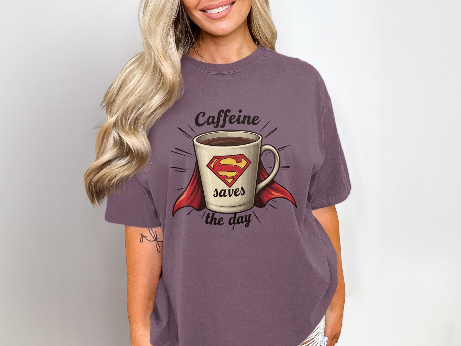 Caffeine Saves The Day Funny Coffee Lover Graphic T-Shirt - IconVexa