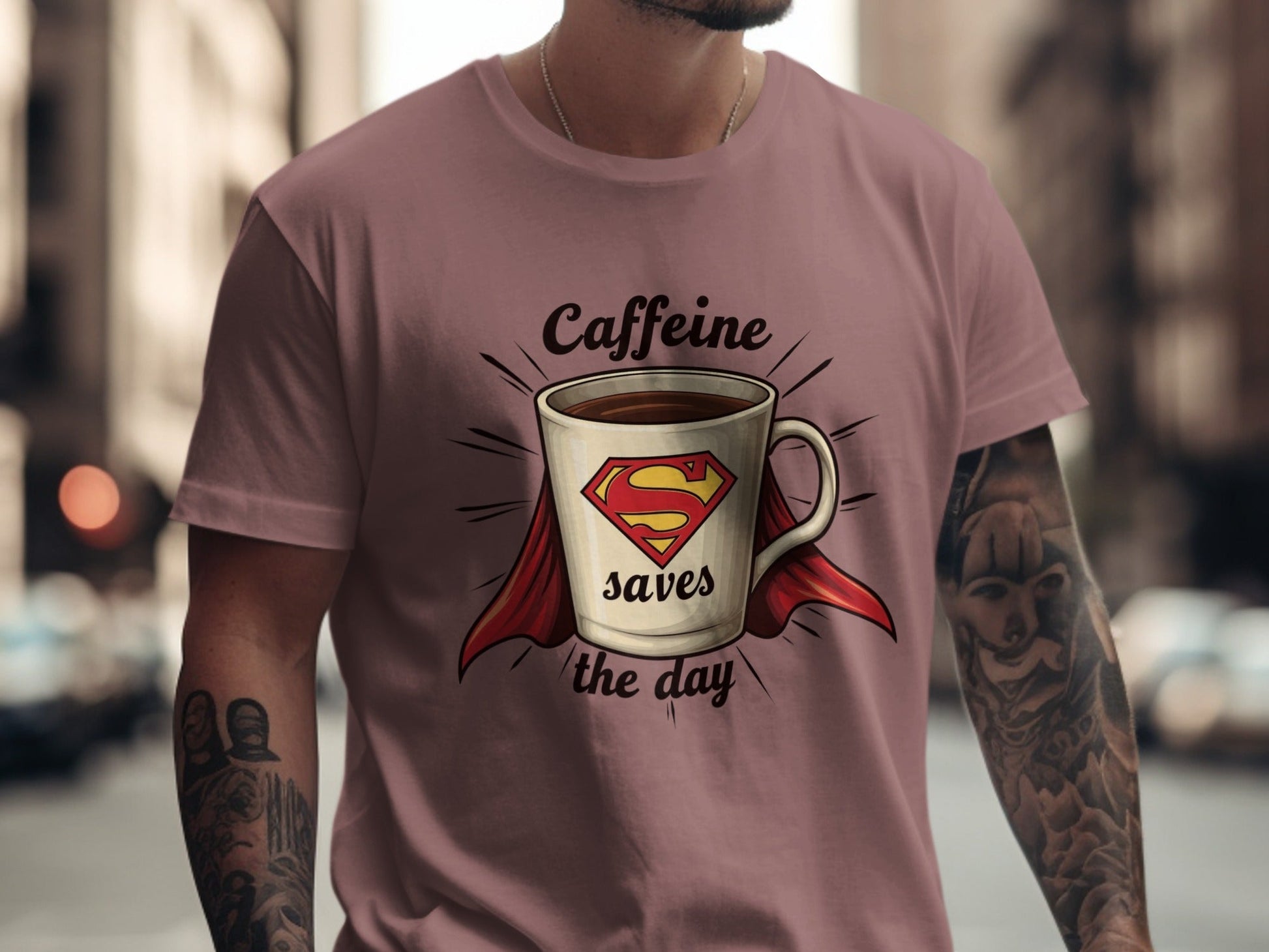 Caffeine Saves The Day Funny Coffee Lover Graphic T-Shirt - IconVexa